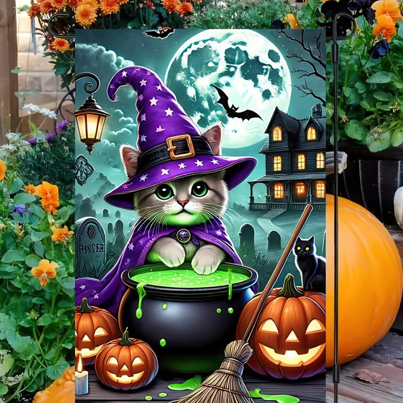 Drapeau de jardin Halloween Sorcière Chat Chaudron 30 x 45 cm (12 x 18 pouces) en polyester