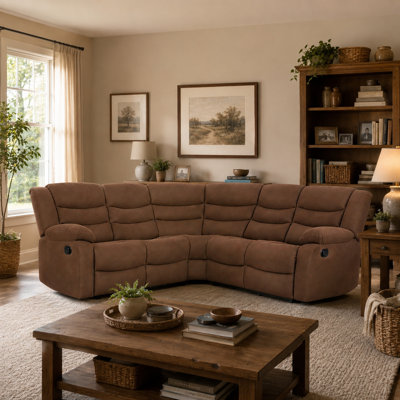 5-Piece, Fabric Manual Reclining Sectional Sofa Drop-down Tables with 2 Cup Holders