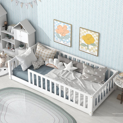 Twin Size Rubber Wood Floor Bed with Safety Guardrails for Compact Rooms and Kids