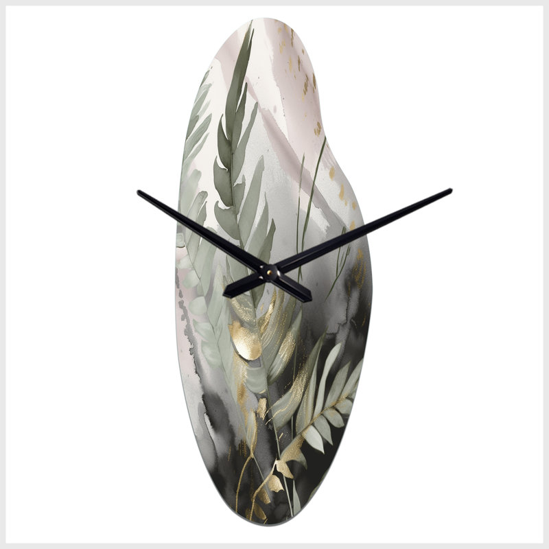 Horloge murale asymétrique en métal Kaltcheva Green Fern Whispers I - Ferns, Grand