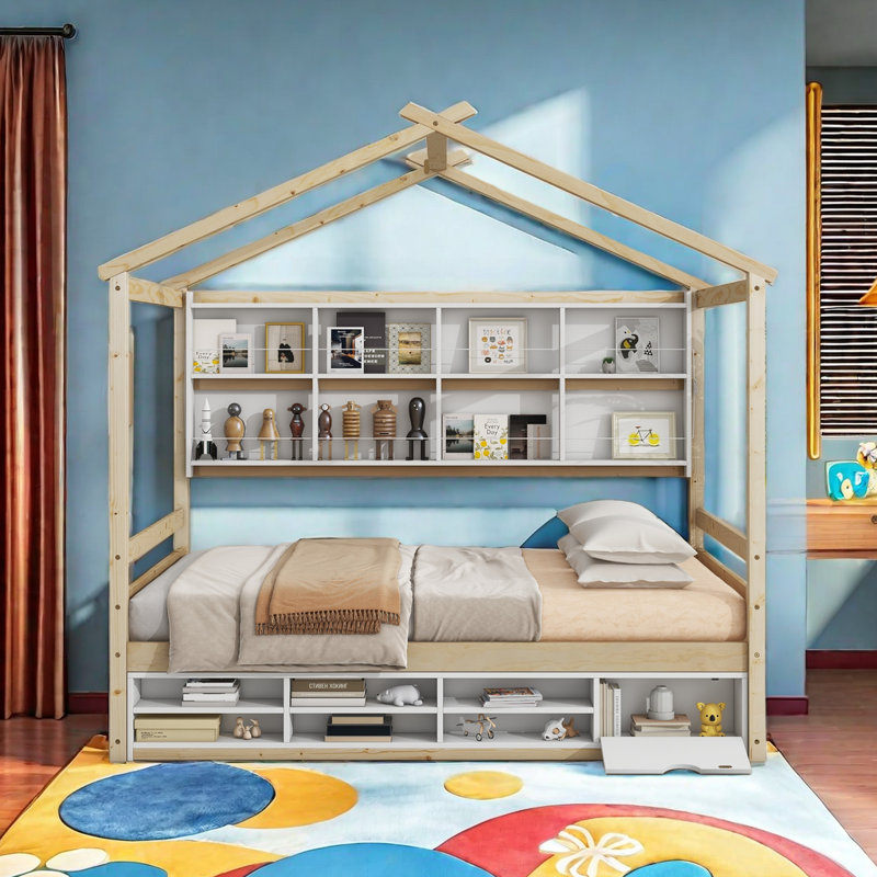 Lit maison avec structure de toit, tablettes de chevet, unité de rangement sous le lit, Gris, Double