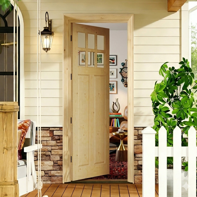 Pine Entry Door Slab With Sound-Reducing Natural Pine Frame - 6 Lite Clear Glass , Solid Wood, L 32 po x H 80 po, Left