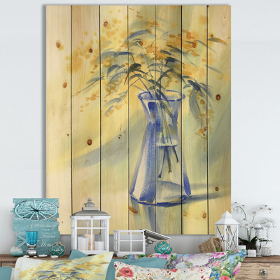 Fleurs d'été dans une bouteille en verre bleu - reproduction d'art sur bois sans cadre