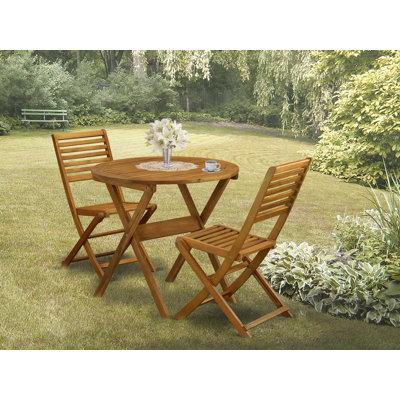 L'ensemble bistro 3 pièces pour conversation comprend une table basse ronde en bois d'acacia et 2 chaises d'appoint pliantes, 30 x 30 pouces, huile naturelle