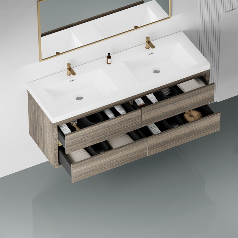Meuble-lavabo mural 60 po avec lavabo double 60 po, Bois de frêne gris