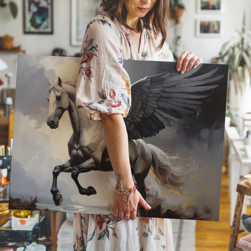 Toile, vol à tempête, Pégase, toile ajourée, cheval dans un ciel tonnerre, art mural prêt à accrocher, décoration moderne