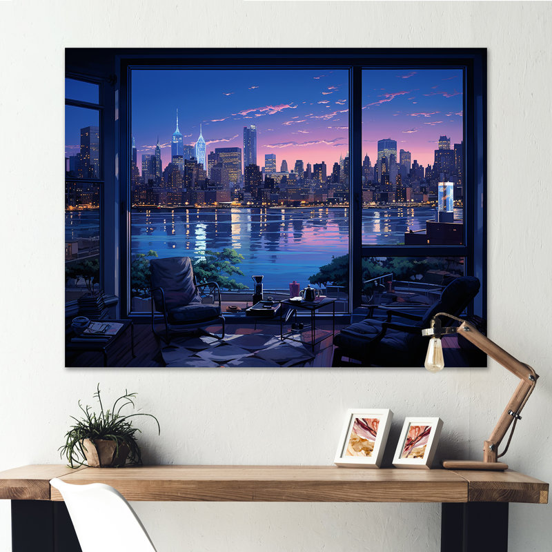 «Blue NYC at Night Window View III - New York City», art sur toile, Toile tendue, H 24 po x l 32 po x P 1 po