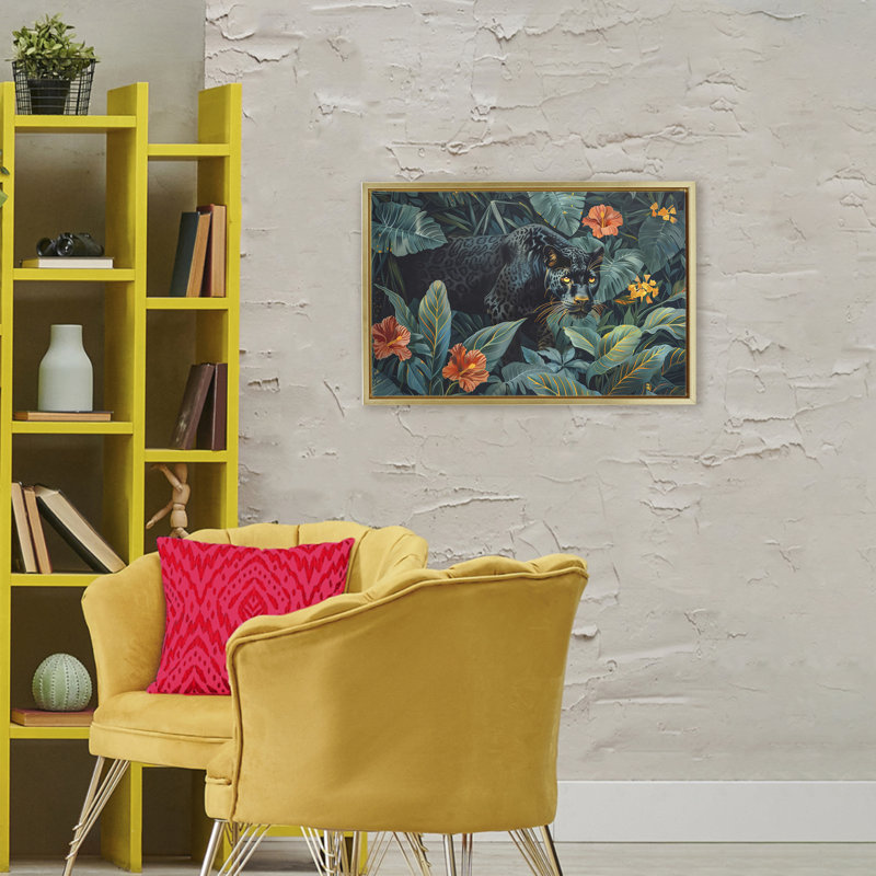 Panther's Exotic Paradise Floating Frame, design by Ray Powers, Metallic Gold Floater Frame, 21" H x 31" W