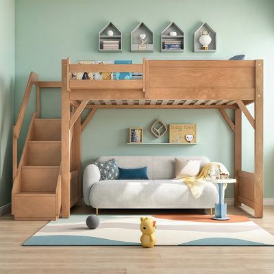 Space-Saving Twin Loft Bed with Built-in Wardrobe, Shelves & Stairs - Solid Wood Design for Kids Rooms, No Box Spring Needed