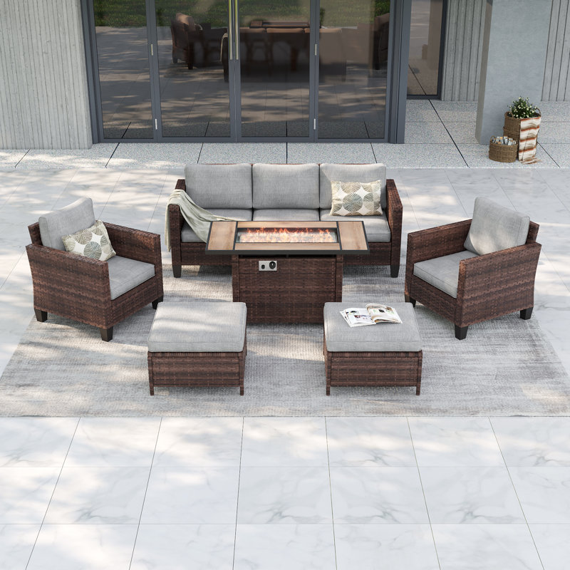 Ensemble de canapés de patio 6 pièces avec table de foyer 45 po, osier en rotin PE pour patio, terrasse et cour, Lin gris