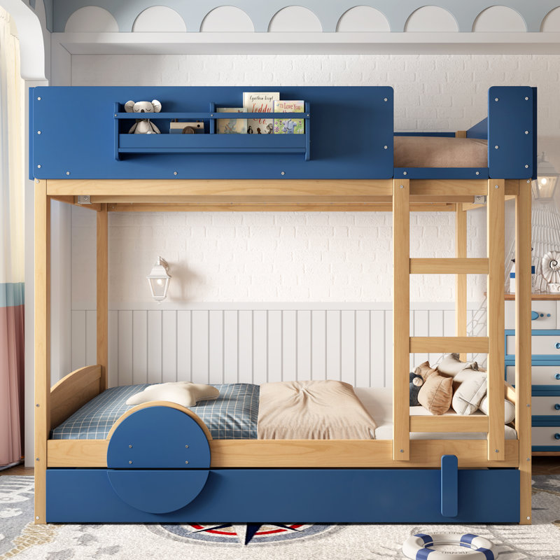 Full Bunk Bed with Trundle, Wood Kids Bunk Bed with Bookshelf & Safety Guardrail, Blue & Natural, Blue/Natural, Full