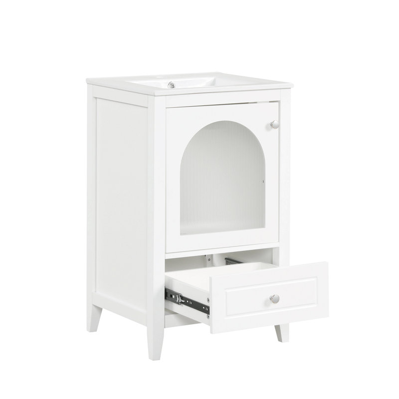 Meuble-lavabo de 20 po avec lavabo, armoire de salle de bain avec porte en verre à fermeture douce, tiroir, Blanc
