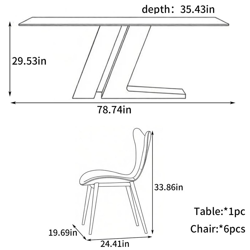 Table de salle à manger moderne et minimaliste, 7 pièces : table, 6 chaises, 29.53" H x 78.74" W x 35.43" D