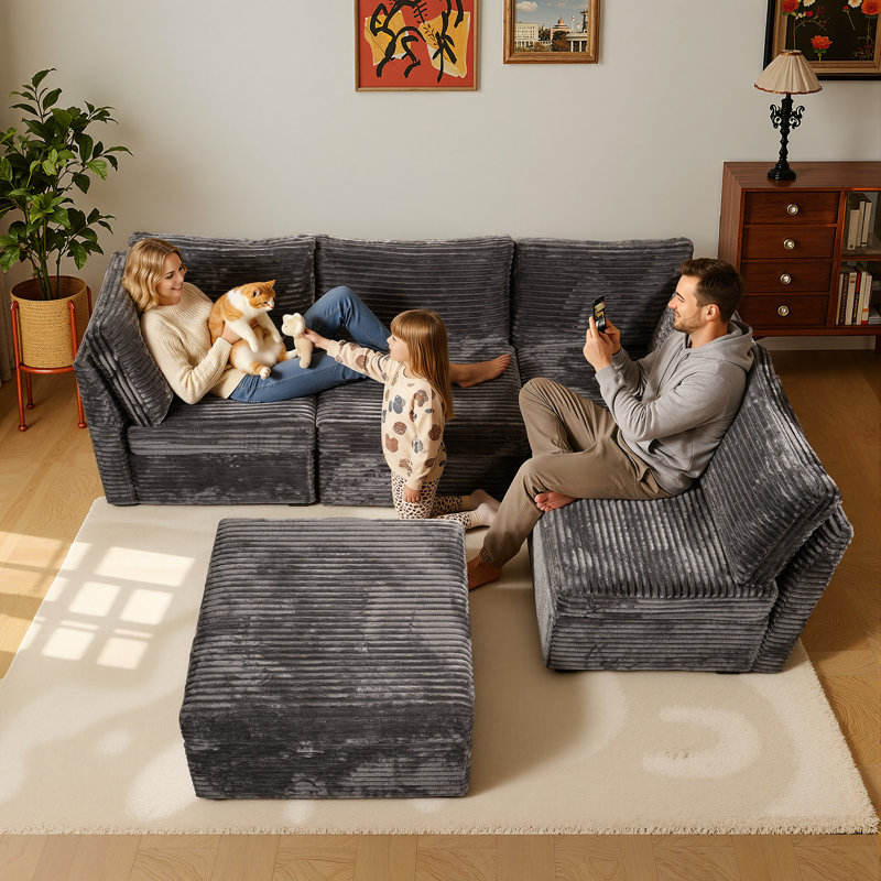 Canapé modulaire en velours côtelé moelleux avec repose-pieds mobile 95,05 po Hogle, Velours côtelé gris moelleux