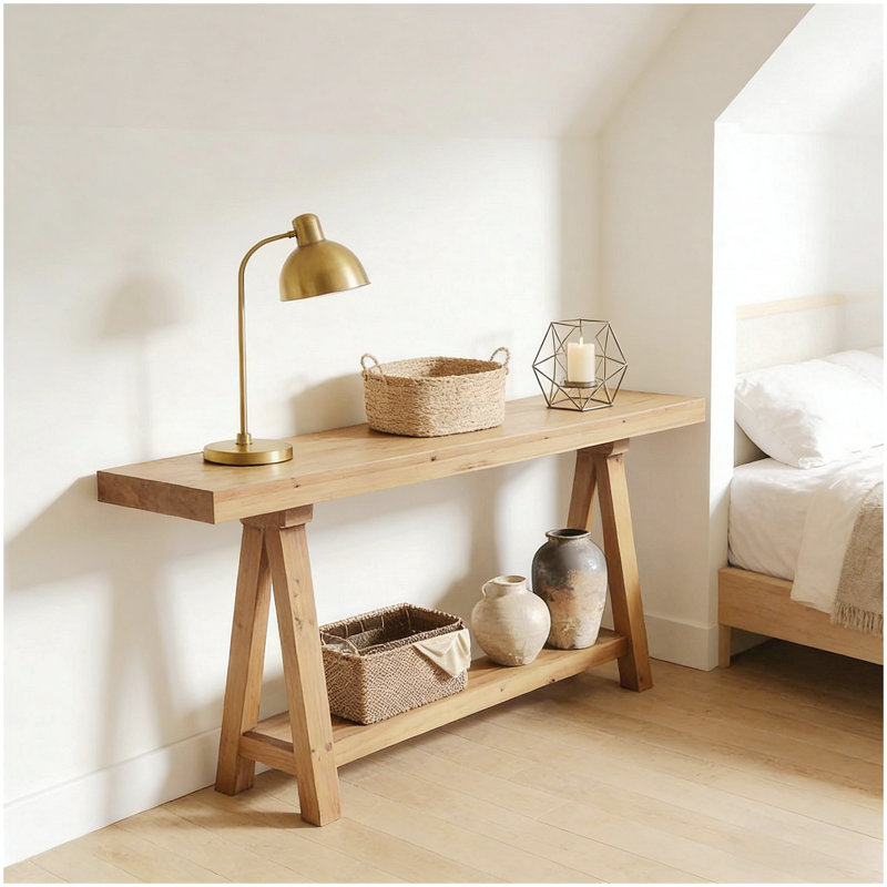 Table d'entrée en bois massif de style naturel avec rangement à deux niveaux, conception campagnarde pour une utilisation polyvalente et durable