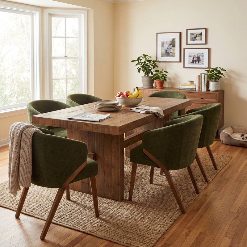 Modern Dining Chairs, Upholstered Fabric Side Chair With Wooden Legs For Kitchen And Dining Room, Green, 6, Green