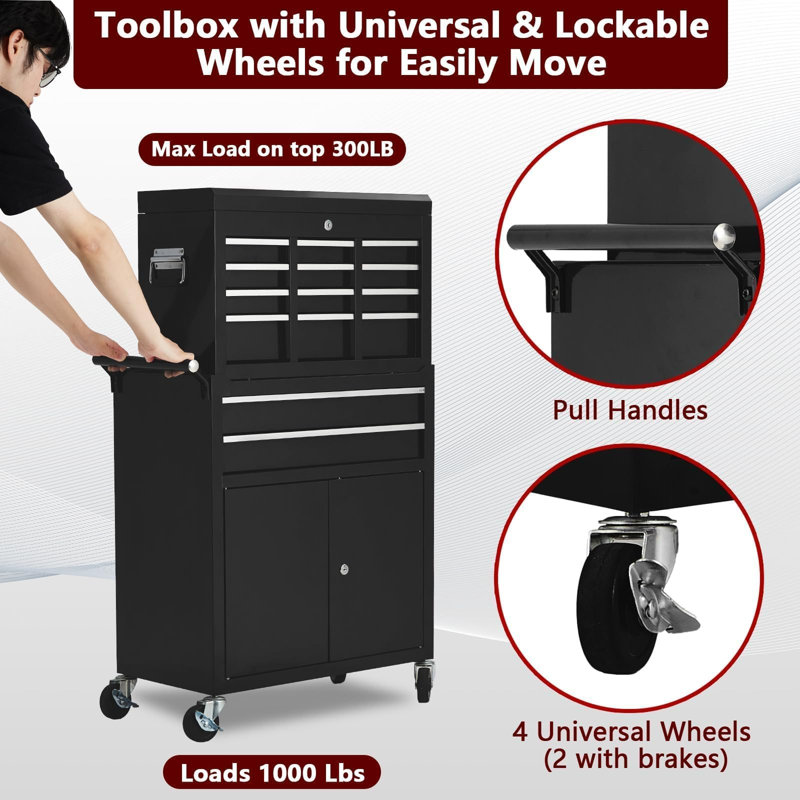 Coffre et armoire à outils 8 tiroirs à roulettes robustes - Organisateur de rangement d'outils en métal détachable 2-en-1, système de verrouillage, doublures coulissantes, boîte à outils mobile en acier pour garage ou atelier - Bleu
