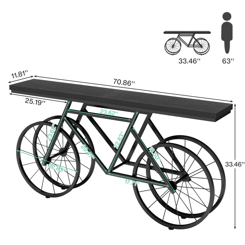 70.9? Extra Long Console Table with Bicycle Base, Narrow Sofa Table Industrial Entryway Table, Black, Black