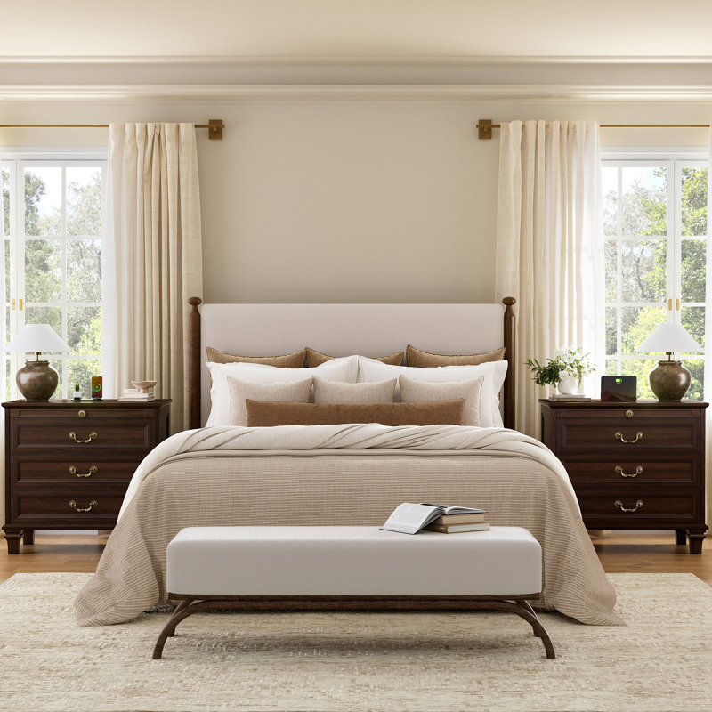 Transitional 27.5" 3-drawer Nightstand With Hidden Outlets, Pull-out Shelf & Elegant Solid Wood Legs, Set of 2, Btown