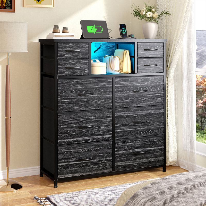 Tall Storage Dresser With Charging Hub & Lighting - 10 Fabric Drawers - Suitable For Bedrooms, Dining Rooms And Living Rooms