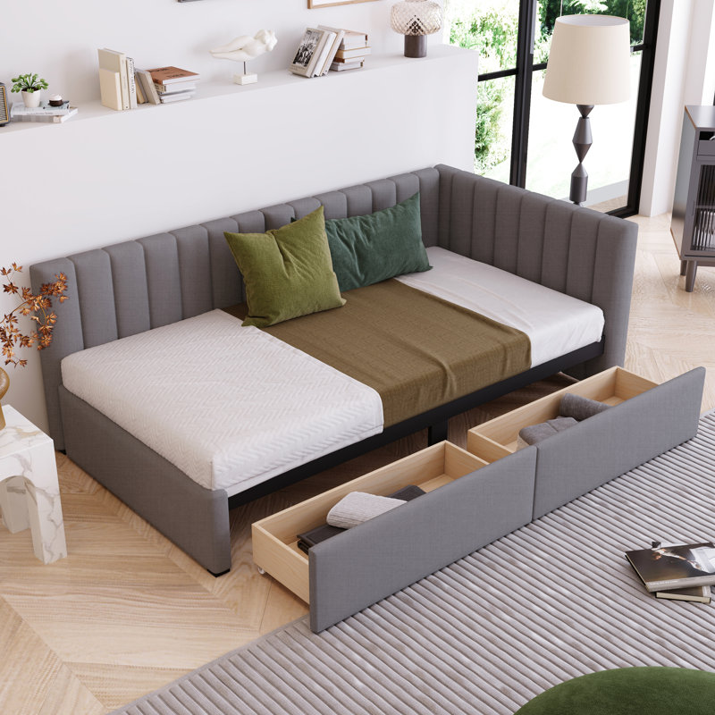 No Box Spring Required Upholstered Daybed, Twin Size, 2 Storage, Linen, Gray Linen Fabric Twin, Storage Drawers, Bed, Gray