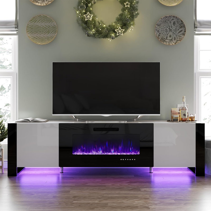 Crédence de rangement Pittston avec foyer inclus, Blanc / noir, 70"