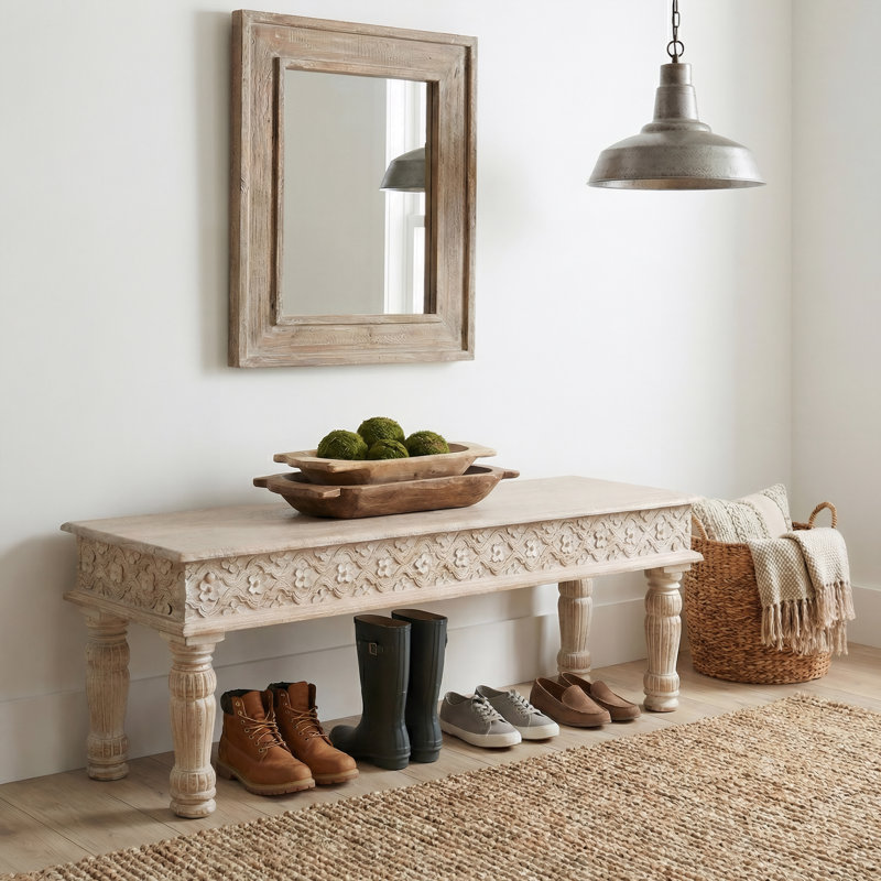 Banc en bois Aarohi, H 18 po x l 58 po x P 16 po, Blanc sable