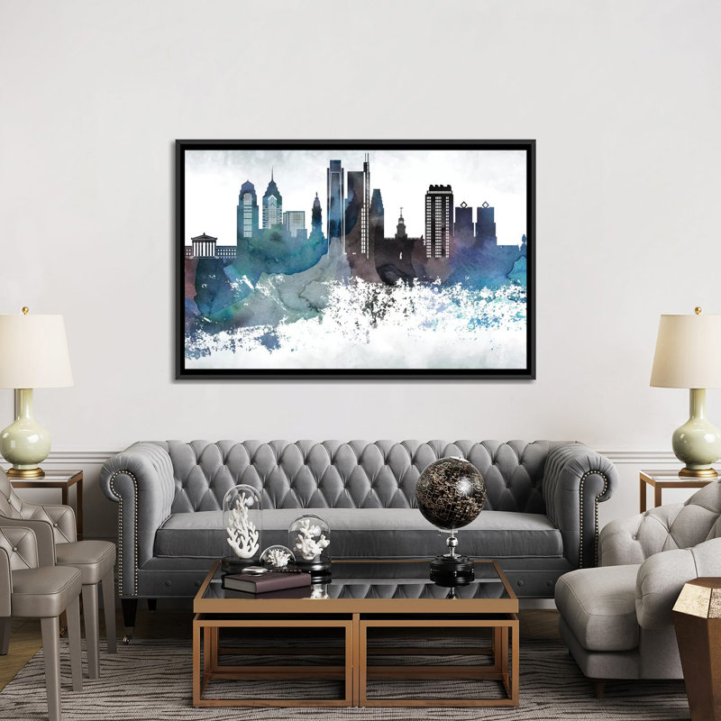 Philadelphia Bluish Skylines - impression d'art graphique, H 40 po x l 60 po x 1,5 po, Aucun mat, Toile avec cadre noir