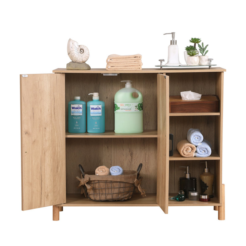 Mid-Century Modern Storage Cabinet With Woven Rattan Doors, Open Shelves & Adjustable Shelves