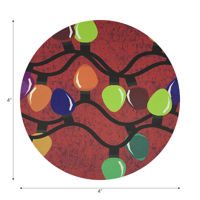 Xmas Tangle Black Vegan Leather Round Coasters, Red