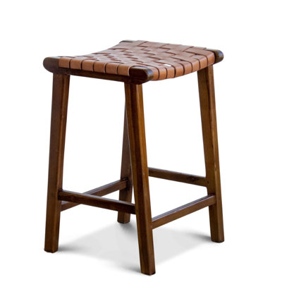 Tabouret de comptoir en teck massif avec siège en cuir véritable