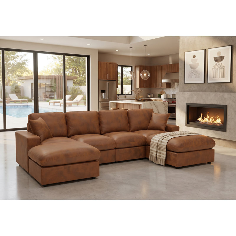 Sofa de coin Mountster avec deux poufs, Polyester brun