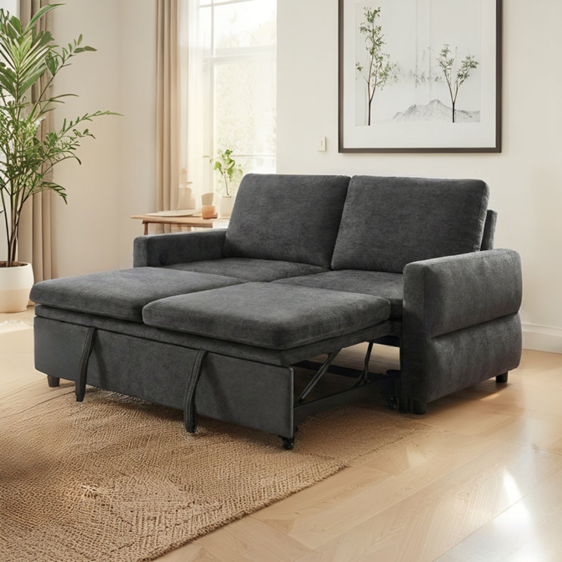 Canapé-lit convertible 3-en-1 avec dossier réglable à 3 niveaux, canapé-lit escamotable en chenille moderne de 63 po avec ports USB