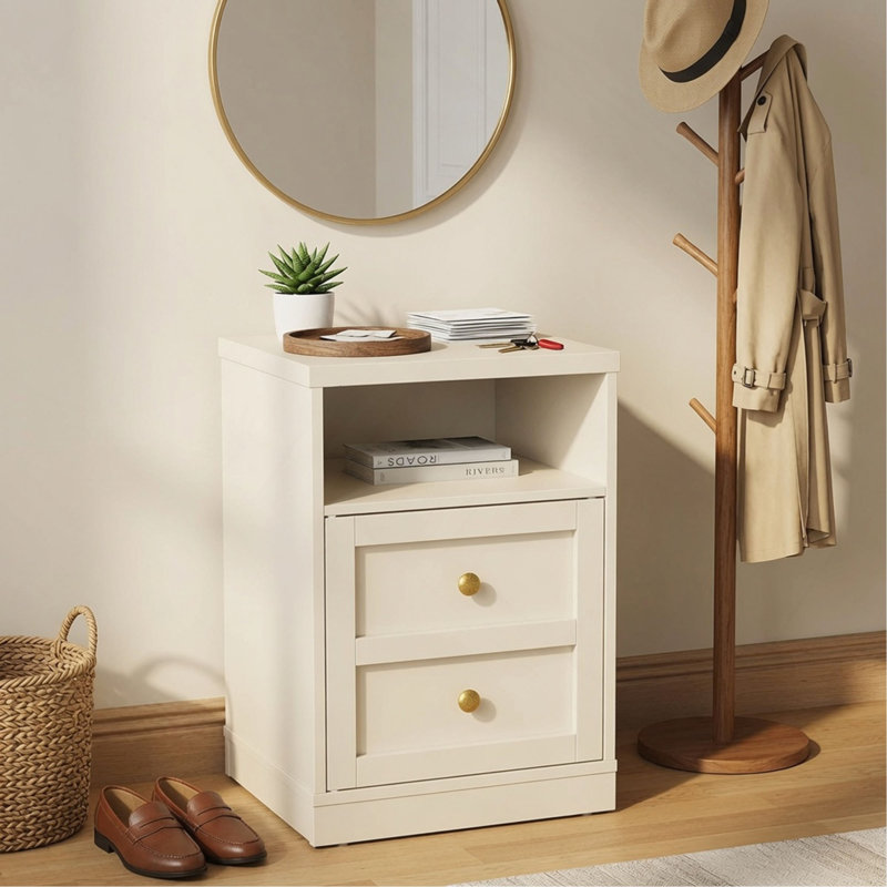 Table de chevet moderne en bois beige avec porte et tablette de 15,7 pouces de largeur et 2 tiroirs