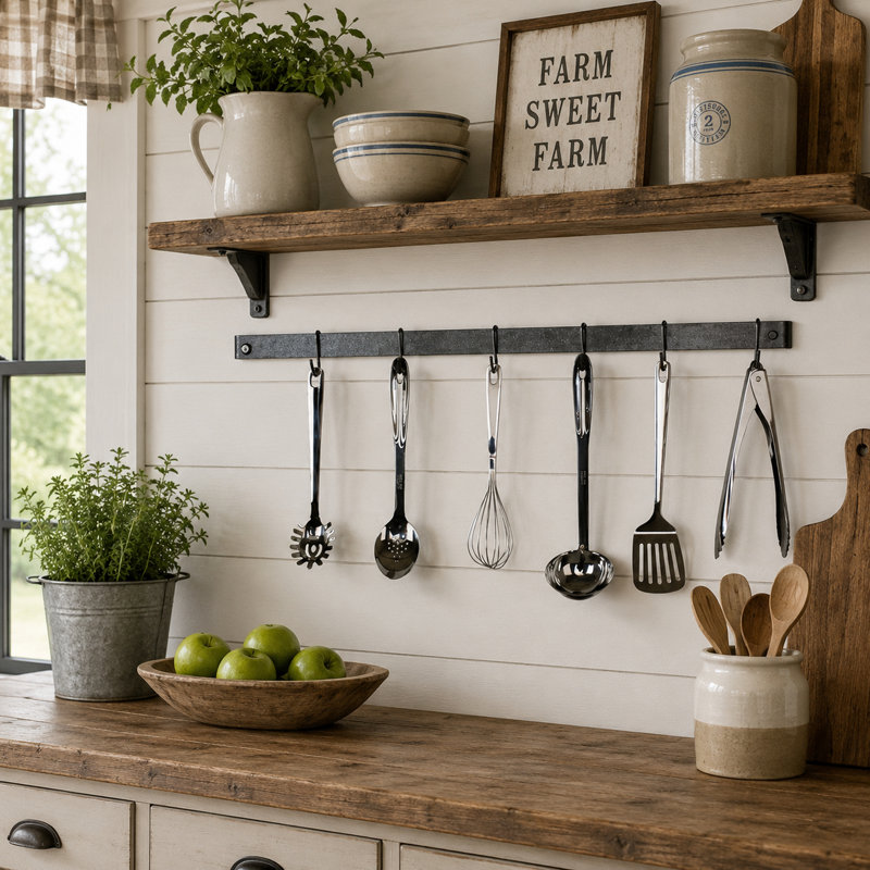 Utensil Bar Handcrafted Wall Mounted Pot Rack, 3" H x 42" W x 3" D, Hammered Steel
