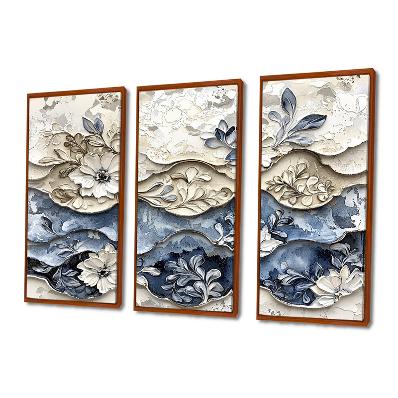 Carreaux abstraits floraux blancs et bleus I - ensemble de décorations murales vagues abstraites modernes