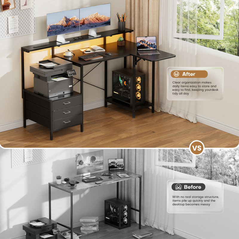 L-Shaped Metal Base Computer Desk with Power Outlet, Black