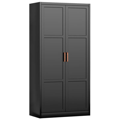 Metal Wardrobe Cabinet with Wooden Handle, 36" Wide Metal Wardrobe Closet with Hanging Rods and Adjustable Shelves