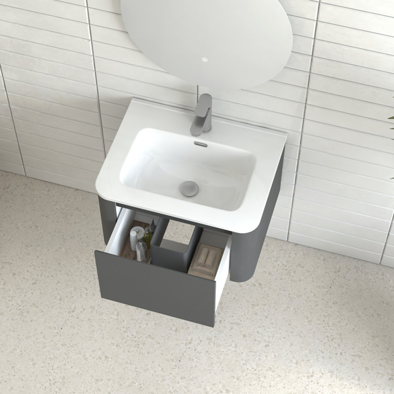 Armoire de salle de bain murale 24 po avec lavabo flottant mural et tiroir en céramique blanche