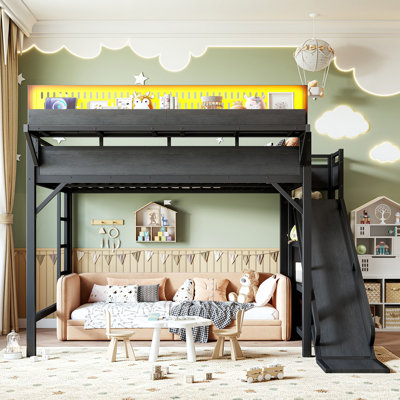Grand lit mezzanine avec glissoire, tablettes de rangement et garde-robe intégrée, cadre de lit mezzanine en métal avec ports USB et lumières DEL, avec panneau perforé, sécuritaire et solide