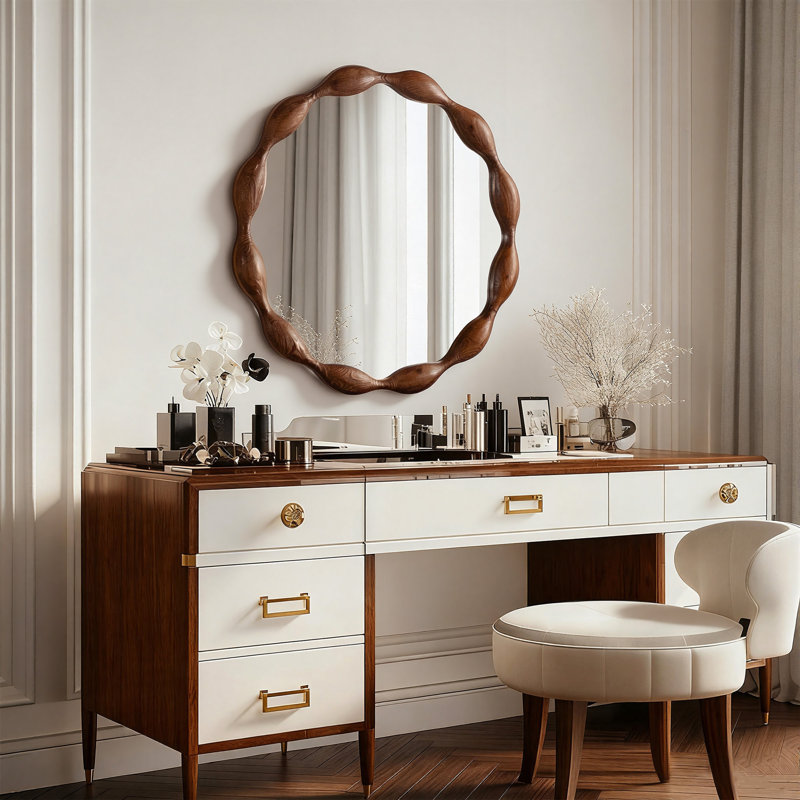 Marka 32.5" Vintage Round Solid Wood Framed Wavy Organic Design Wall Mounted Vanity Mirror, Dark Walnut, 32" x 32"