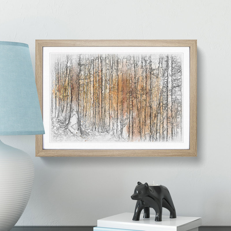Sunny Forest in Switzerland Sketch - Picture Frame Graphic Art Print, 45cm H x 63cm W x 2cm D, Oak Framed