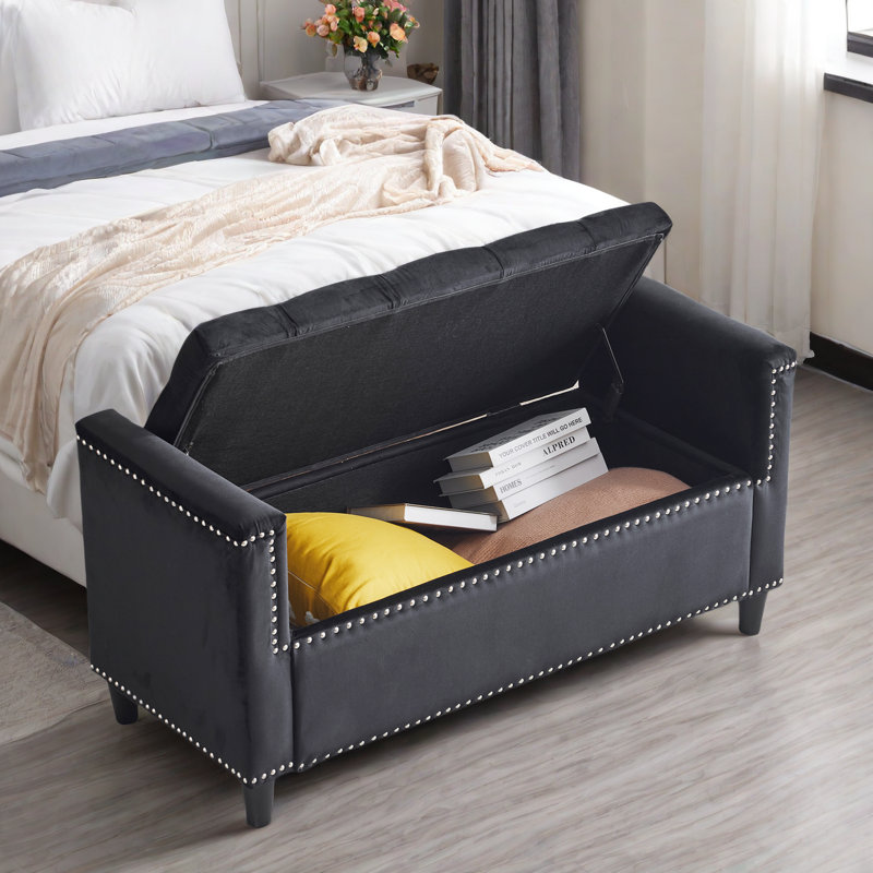 Ottoman with 2 Pillows, Nailhaed Trim and Storage Compartment, Black