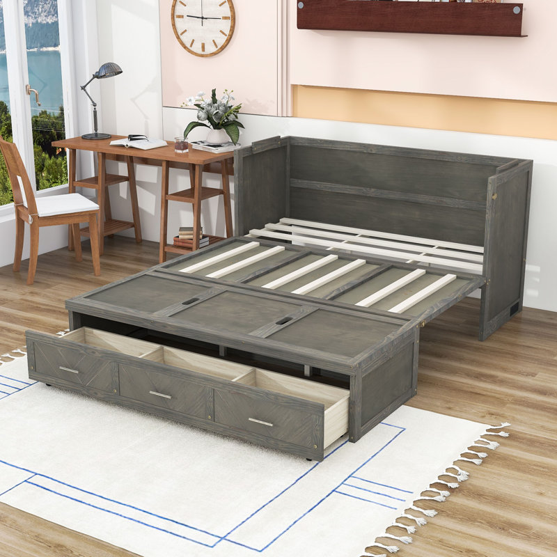 Grand lit escamotable en bois avec station de charge intégrée et tiroirs de rangement, Gris