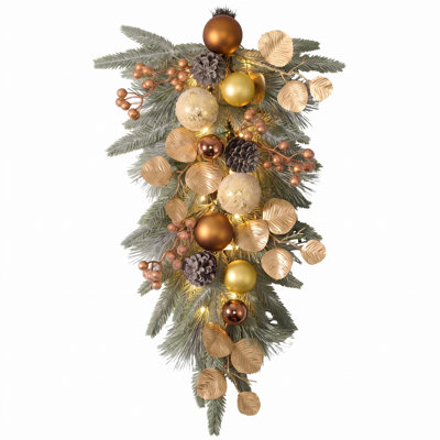 Décoration de Noël 24 po en forme de larme - Décoration de boîte aux lettres et de porte de fête en bronze et cuivre pour escaliers, balustrade, fenêtre, boules en bronze, feuilles d'or, pommes de pin, baies