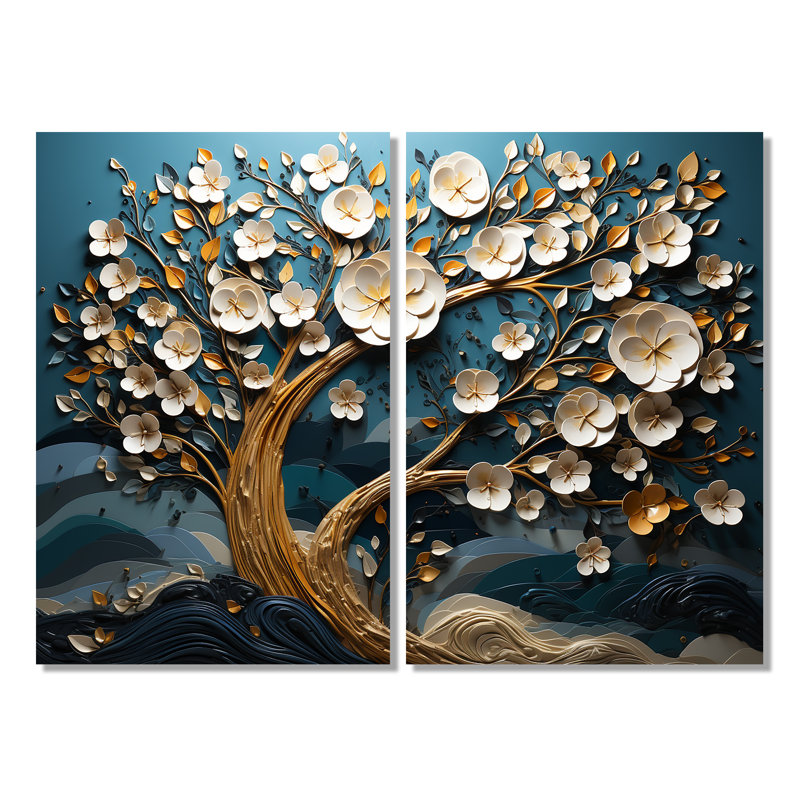 Orchidée bleue et blanche dorée de branches VI - décor mural arbre de paysages, H 36 po x l 48 po, Toile tendue