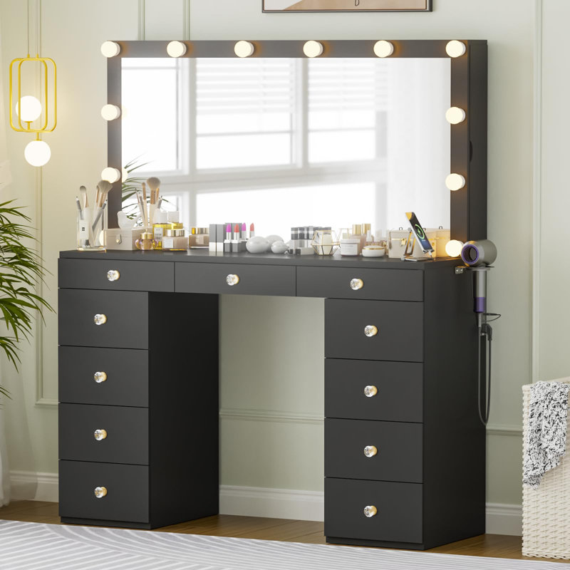 47.2" Makeup Vanity with Sliding Shelves, Light Up Mirror, USB & Power Outlet and 11 Drawers, Black, Black