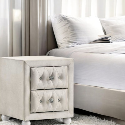 Table de chevet avec tissu beige, 2 tiroirs de rangement en bois et en panneau de particules, tiroir coulissant latéral en métal avec extension 3/4, butée, dimensions de 16,9 po, tiroirs en tissu de 80 lb