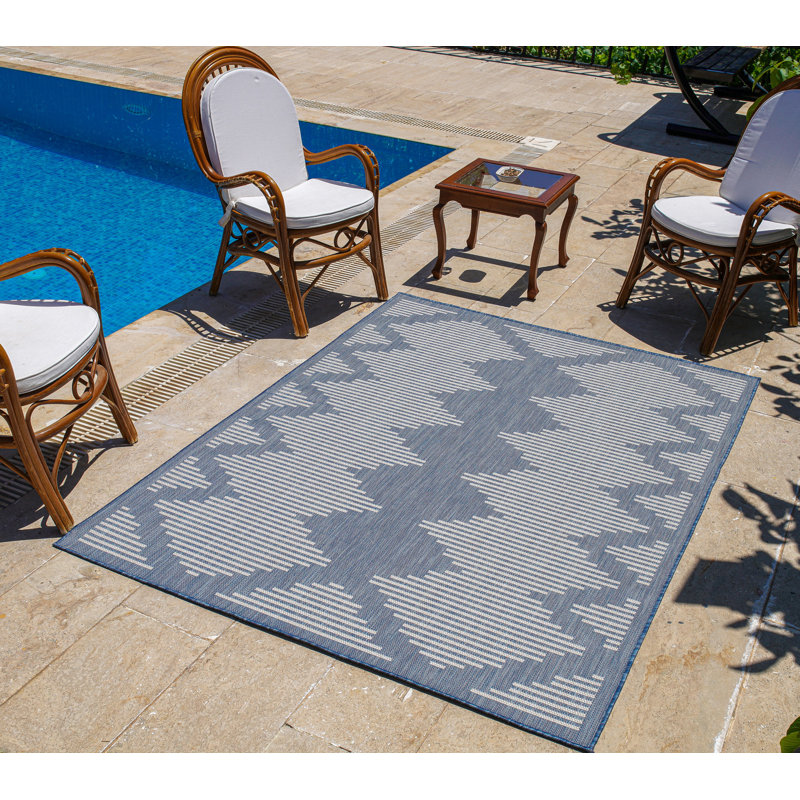 Tapis rayé bleu intérieur / extérieur Waikiki, Rectangle 5 pi x 7 pi