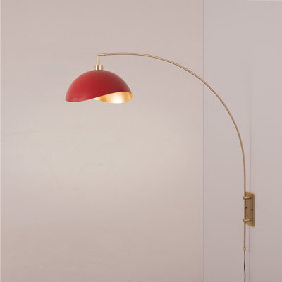 Wall Mounted Arc Lamp, Luna Bella Red/Gold-Leaf Shade, Weathered Brass, Dimmable